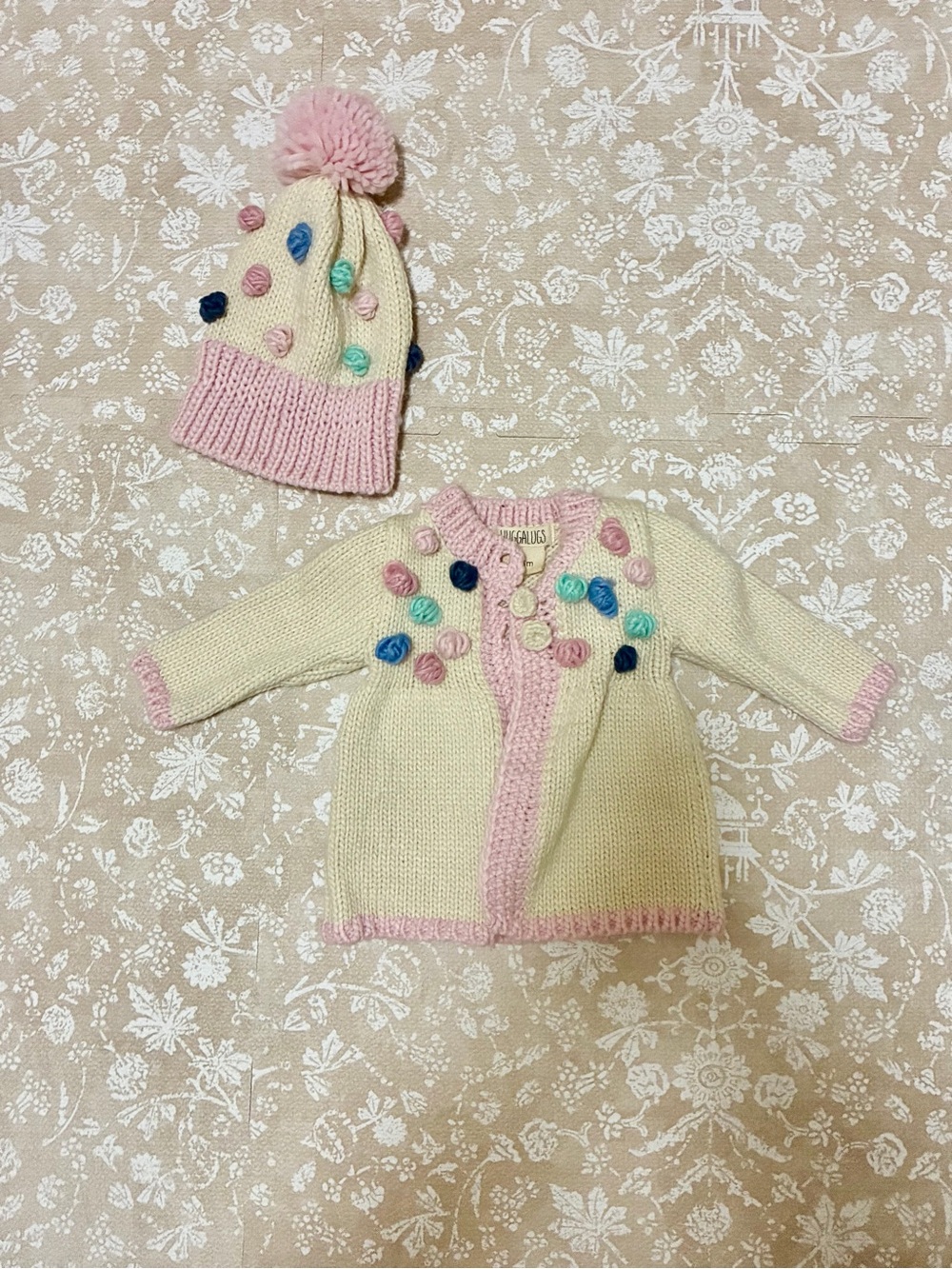 Huggalugs Knit Cream & Pink Baby Cardigan with Pom Pom Hat